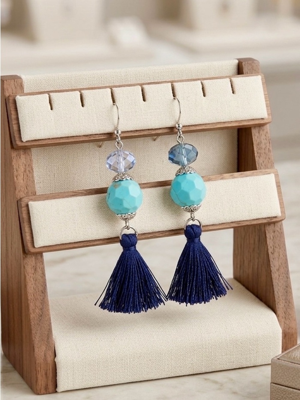 Handmade Turquoise & Navy Tassel Drop Earrings - Women Jewelry